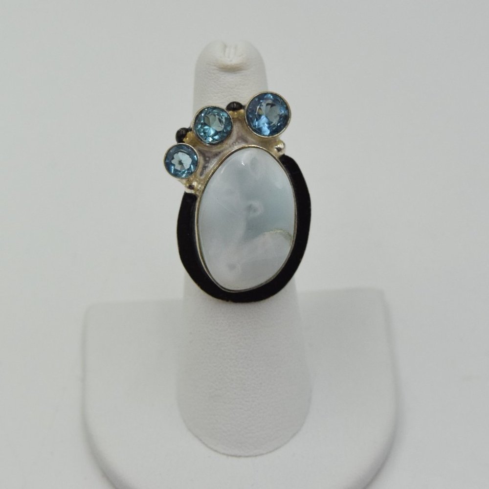 Vintage Sterling Silver Ring With Large Larimar Stone & Topaz Color Stones
